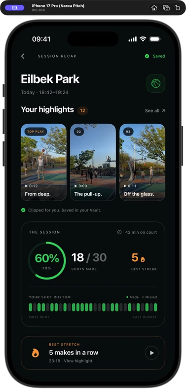 Illustrative Eilbek Park session recap with highlights and shot statistics